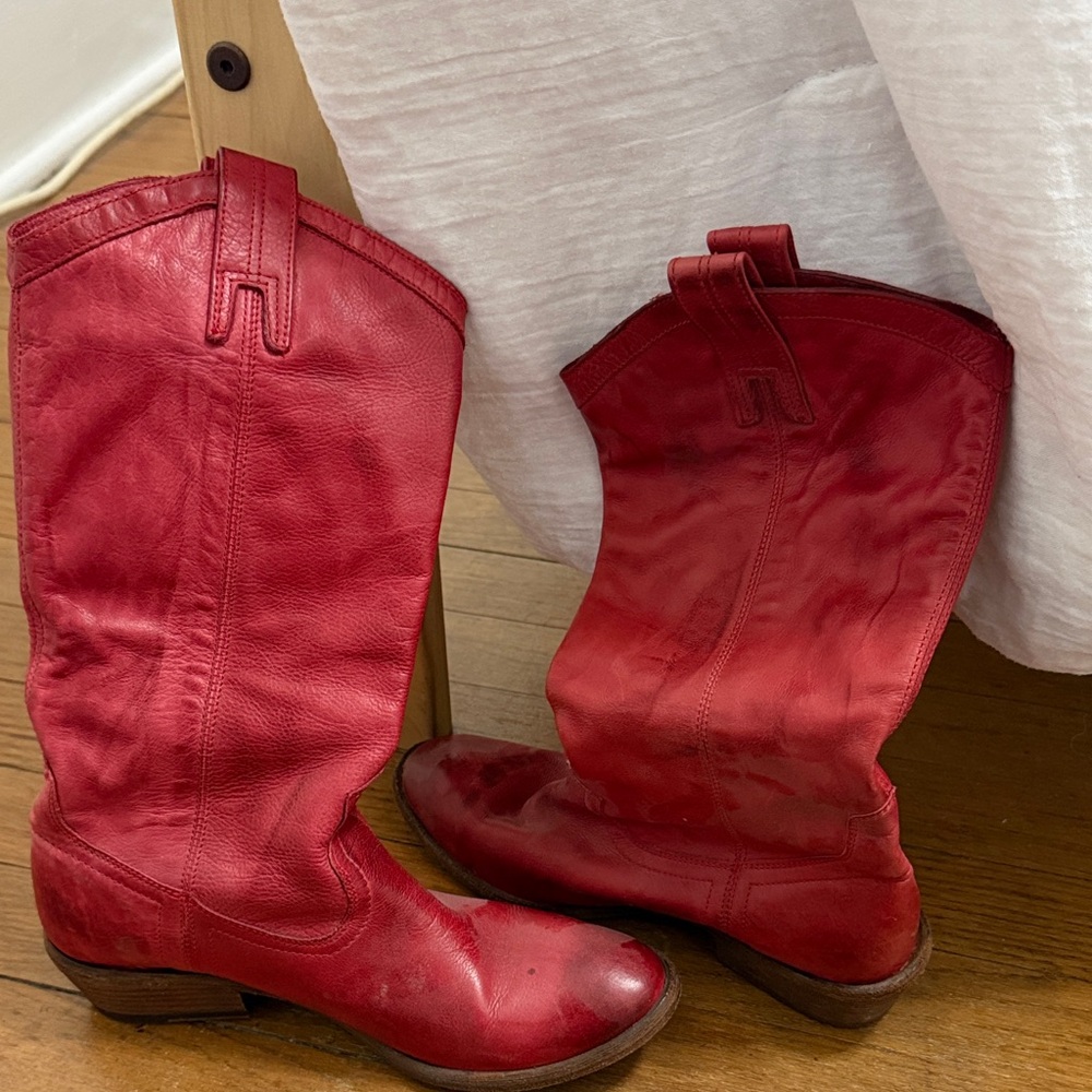 Red Leather Mid-Calf Women's Boots